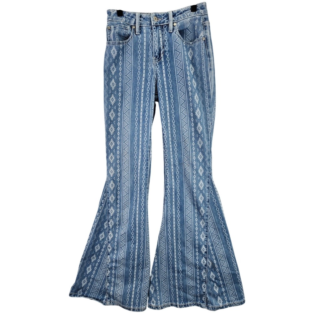 SHYANNE Women's Size 26 Regular Flare Jeans Blue Geometric Print Boho Festival